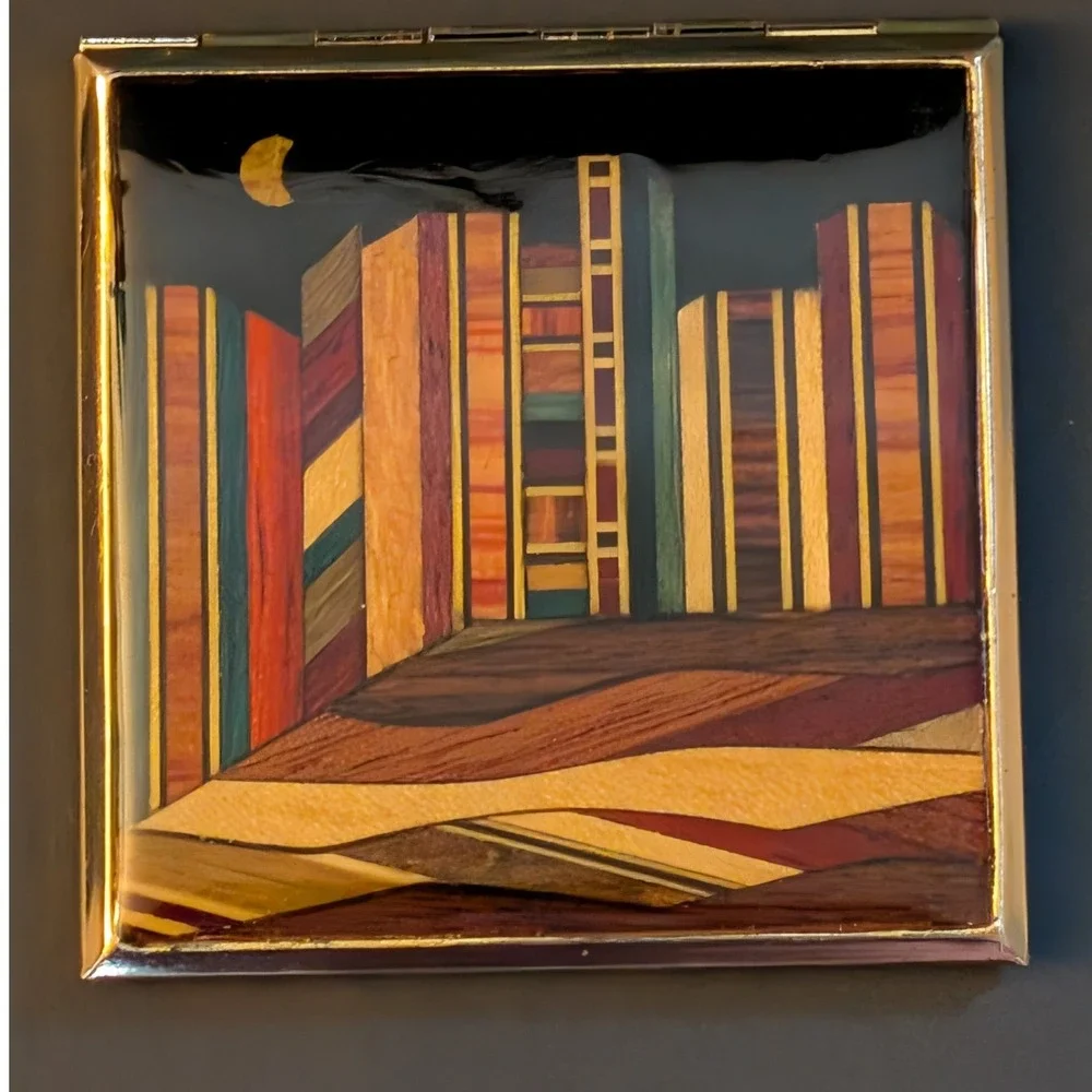 Vintage Gold Tone Cityscape w Moon Marquetry Resin Square Makeup Compact Mirror